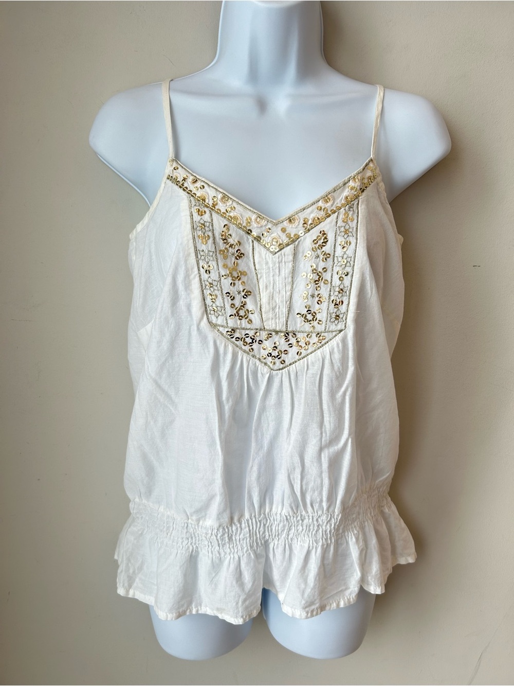 🟢 5 for $25 🟢 Boho White Cotton Sequin Embroidered Cami Tank Top Festival